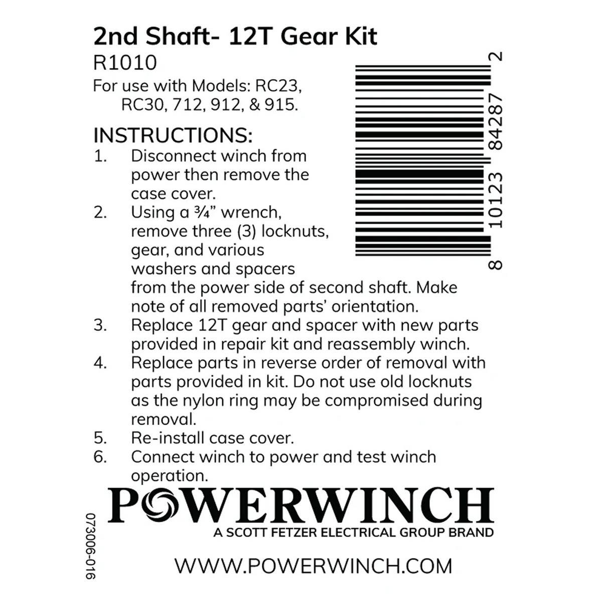 Powerwinch 2nd Shaft - 12t Gear Kit - RC23, RC30, 712, 912, 915 - R1010