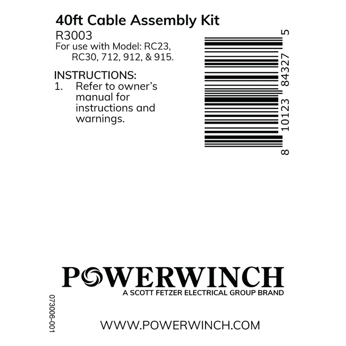 Powerwinch 40ft Cable Assy Kit - RC23, RC30, 712, 912, 915 - R3003