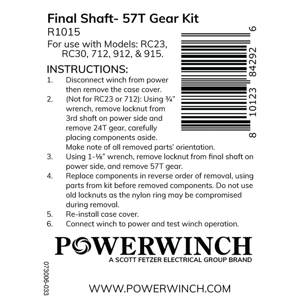 Powerwinch Final Shaft - 57t Gear Kit - RC23, RC30, 712, 912, 915 - R1015