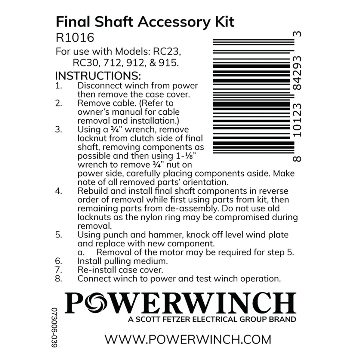 Powerwinch Final Shaft Accessory Kit - RC23, RC30, 712, 912, 915 - R1016