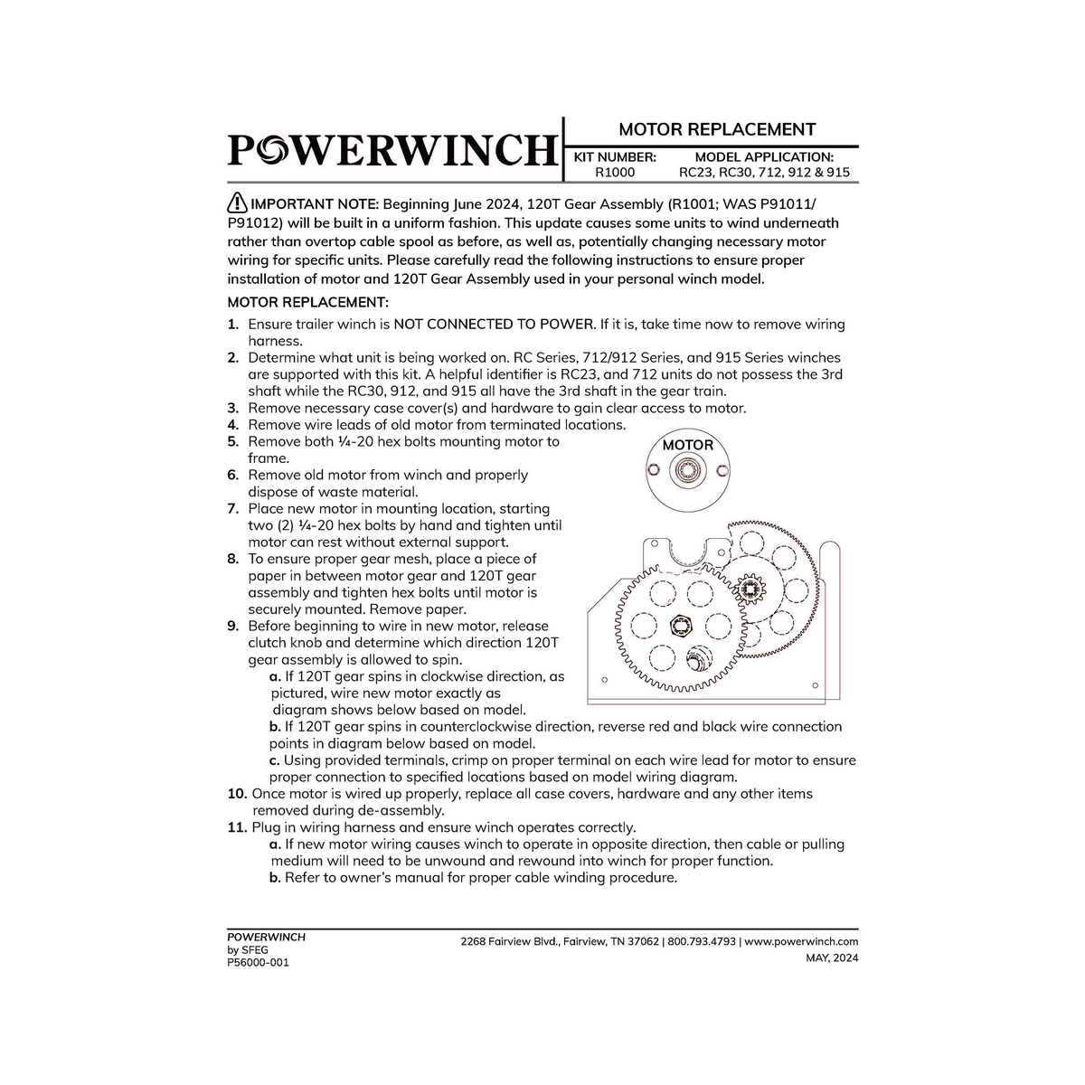 Powerwinch Motor Assembly Kit - RC23, RC30, 712, 912, 915 - R1000