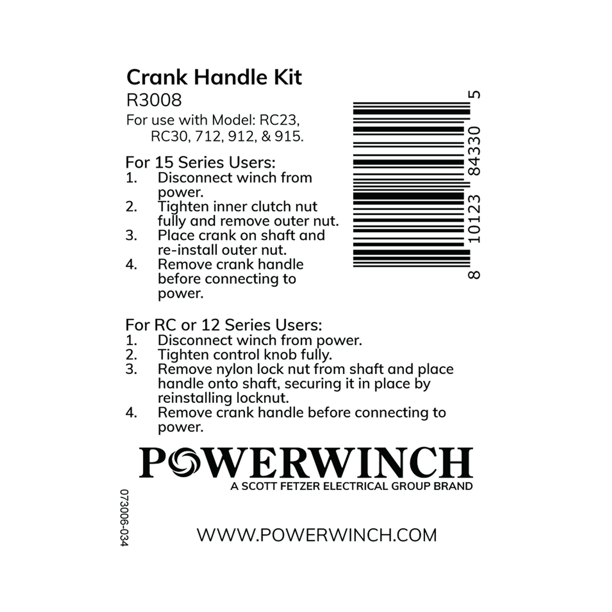 Powerwinch Crank Handle Kit - RC23, RC30, 712, 912, 915 - R3008